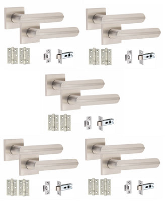 5 Pair Modern Lima Design Satin Nickel Premium Door Handles Square Rose 3" Ball Bearing Hinges and Tubular Latch - Golden Grace