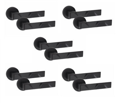 5 Pair Modern Nova Design Matt Black Premium Door Handles Round Rose - Golden Grace