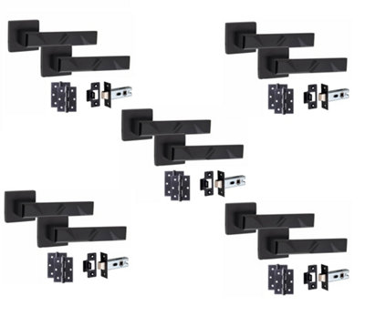 5 Pair Modern Nova Design Matt Black Premium Door Handles Square Rose 3" Ball Bearing Hinges and 2.5" Tubular Latch - Golden Grace Price Comparisons | Compare The Build