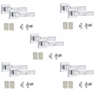 5 Pair Modern Nova Design Polished Chrome Premium Door Handles Square Rose 3" Ball Bearing Hinges and Tubular Latch - Golden Grace