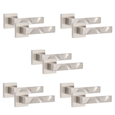 5 Pair Modern Nova Design Satin Nickel Premium Door Handles Square Rose - Golden Grace