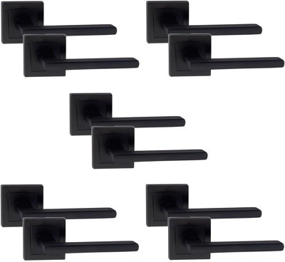 5 Pair of Leon Design Straight Door Handle On Sqaure Rose Latch Door Handles Matt Black with 52mm x 52mm Backplate