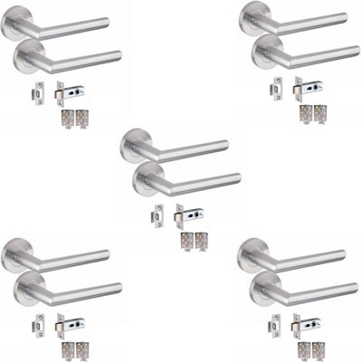 5 Pair of Mitred Design Door Handle On Round Rose Latch Door Handles 2.5" Latch,Ball Bearing Hinges Satin Nickel Finish