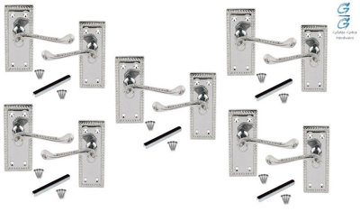 5 Pair of Polisehd Chrome Georgian Lever Latch Door Handles 107mm x 48mm - Golden Grace