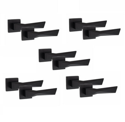 5 Pair Square Aura Design Matt Black Premium Door Handles Square Rose - Golden Grace
