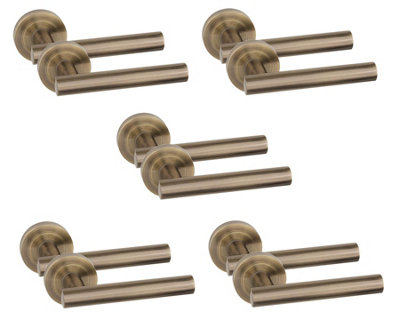 5 Pair Straight T-Bar Design Door Handles Antique Brass Finish - Golden Grace