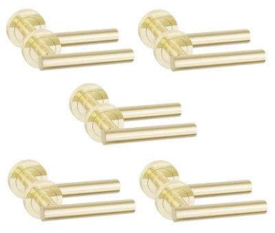 5 Pair Straight T-Bar Design Door Handles Satin Brass Finish - Golden Grace