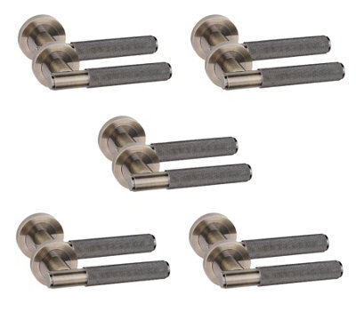 5 Pair Straight T-Bar Knurled Door Handles Antique Brass Finish - Golden Grace