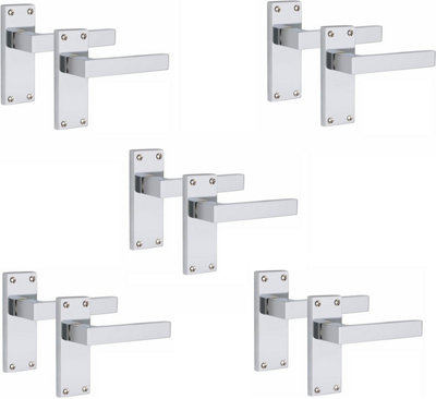 5 Pairs Victorian Straight Delta Handle Latch Door Handles, Silver Polished Chrome, 120mm x 40mm Backplate - Golden Grace