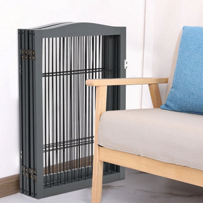 5-Panel Grey Wooden Folding Pet Playpen Freestanding Pet Gate with Fixed Bracket 80cm H