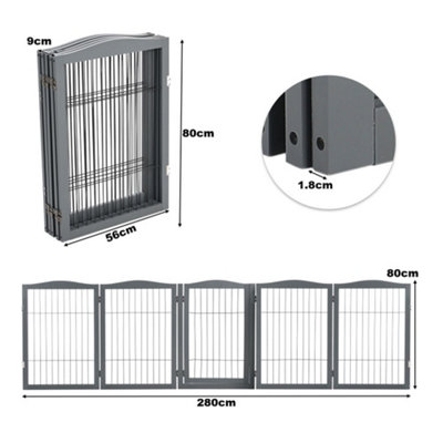5-Panel Grey Wooden Folding Pet Playpen Freestanding Pet Gate with Fixed Bracket 80cm H - 3