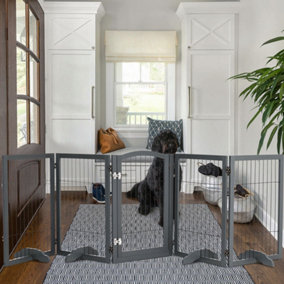 5-Panel Grey Wooden Folding Pet Playpen Freestanding Pet Gate with Fixed Brackets 80cm H