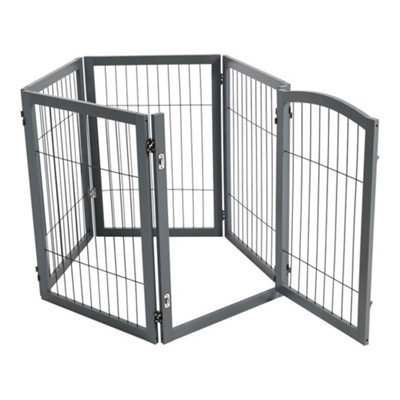 5 Panel Grey Wooden Folding Pet Playpen Freestanding Pet Gate with Fixed Brackets 80cm H