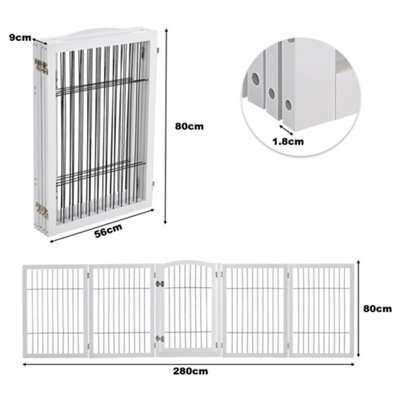 5-Panel White Wooden Folding Pet Playpen Freestanding Pet Gate with Fixed Brackets 80cm H