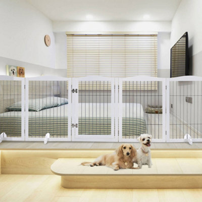 5-Panel White Wooden Folding Pet Playpen Freestanding Pet Gate with Fixed Brackets 80cm H