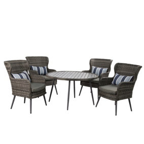 5 PCS Luxury Rattan Dining Set, Outdoor Patio Dining Set Round Table Chairs Set with Soft Cushion - Gray Table
