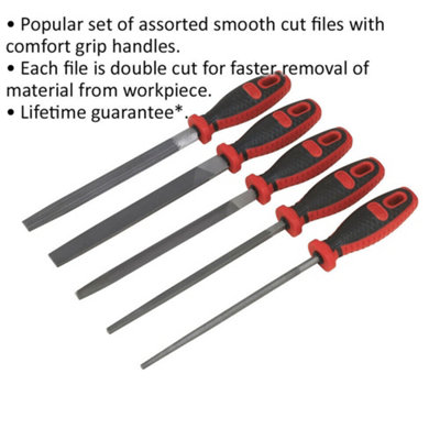 5 Piece 200mm Engineers Smooth Cut File Set - Double Cut - Comfort Grip Handles