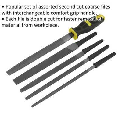 5 Piece 200mm Interchangeable File Set - Double Cut - Coarse - Comfort Grip