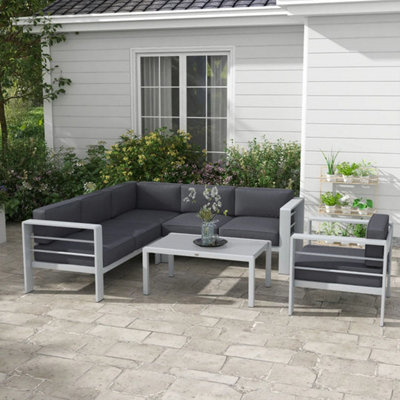 5-Piece Aluminium Garden Sofa Set in Grey with Glass-Top Table