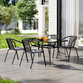 5 Piece Black Outdoor Garden Furniture Set Dining Set Tempered Glass Table Rattan Chairs for Garden Patio Lounge Balcony 150cm