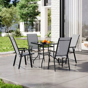 5 Piece Black Outdoor Glass Rectangle Garden Umbrella Table and Folding Chairs Set 80cm