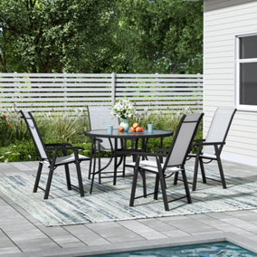 5-Piece Black Outdoor Tempered Glass Round Table and Folding Chairs Garden Furniture Set Dining Set for Patio Lounge Balcony