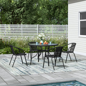 5-Piece Garden Black Stackable chairs and Tempered Glass Dining Table Set Furniture Set for Patio Lounge Balcony 105 cm