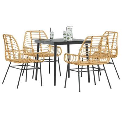 5 Piece Garden Dining Set Brown Poly Rattan Glass - Cushion Not Included