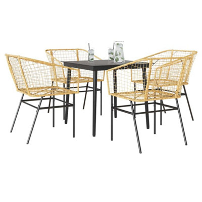 5 Piece Garden Dining Set Brown Poly Rattan Glass - Cushion Not Included