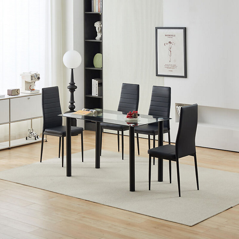 5 Piece Modern Black Glass Dining Set Rectangular Table Faux Leather ...