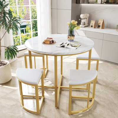 5-Piece Modern Metal Round Marble Dining Table Set with 4 Semi-Circular Stools for Small Spaces
