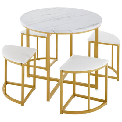 5-Piece Modern Metal Round Marble Dining Table Set with 4 Semi-Circular Stools for Small Spaces