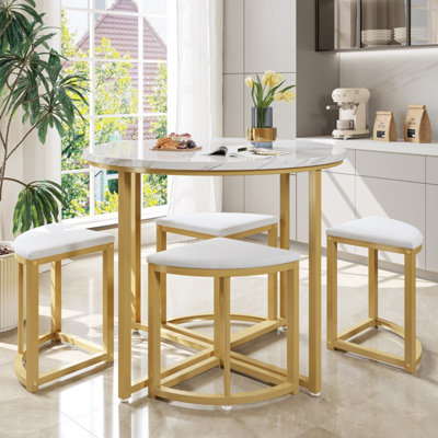 5-Piece Modern Metal Round Marble Dining Table Set with 4 Semi-Circular Stools for Small Spaces