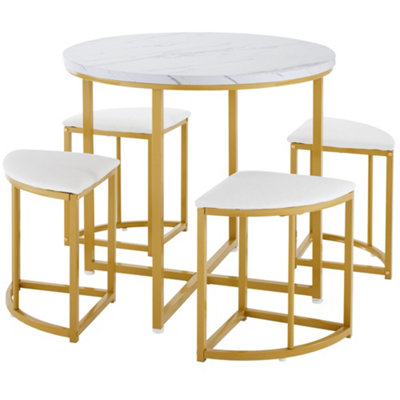 5-Piece Modern Metal Round Marble Dining Table Set with 4 Semi-Circular Stools for Small Spaces