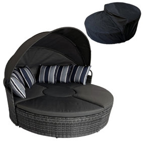 5 Piece Modular Wicker 180CM Garden Daybed with Extendable Canopy, Soft Cushion, Pillow, Cover - Gray
