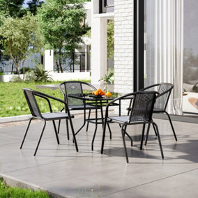 5 Piece Outdoor Garden Bistro Set  Dining Room Set Black 4 Seater Stacking Chairs and Square Coffee Table Set 80cm