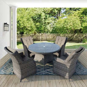 5 Pieces Outdoor Rattan Dining Set, Wicker Dining Sofa Set with Soft Cushion Tempered Glass Table Aluminum Frame