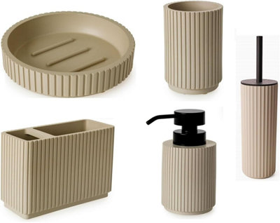 5 Pieces Textured Edge Bathroom Accessories Organiser Set - Almond