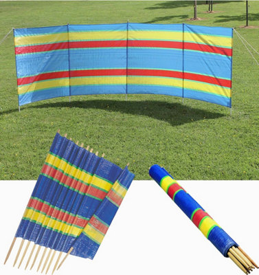 5 Pole Wooden Windbreak Beach Camping Windbreaker Sun Wind Shelter Striped 5ft High X 9ft Long Traditional