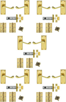 5 Polished Brass Victorian Scroll Internal Door Handle Lever Latch Handles & Fixings Sets