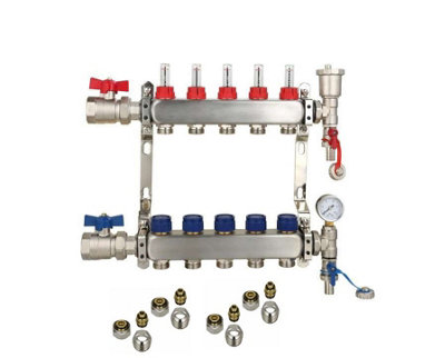 5 Ports Stainless Steel UFH Manifold with 15mm Pipe Connections, 1 inch Ball Valves, Automatic Air Vent & Pressure Gauge