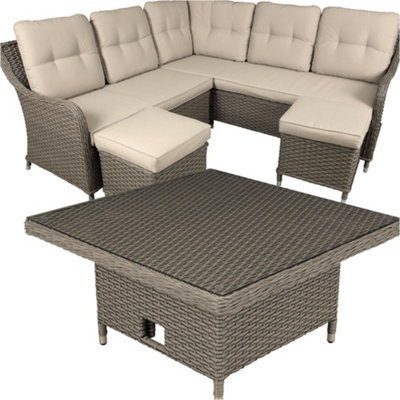 5 Seater Garden Corner Dining Sofa Set - Rattan Wicker - Adjustable Coffee Table