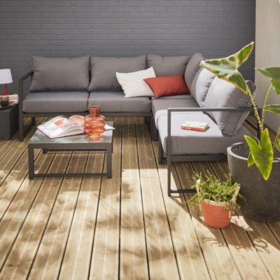 Outsunny 6 Pieces Rattan Garden Furniture Set, 5 Seater Garden Sofa Set with Thickened Cushions, Glass Top Coffee Table and Ottomans, Outdoor Sectional Conservatory Furniture with Pillows, Grey main image 0