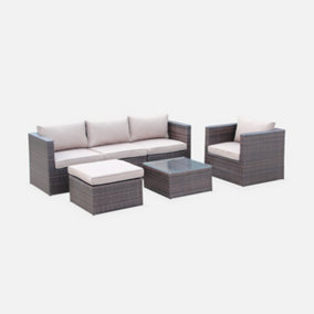 5-seater rattan garden furniture sofa set with table - Benito - Brown rattan Chocolate cushions