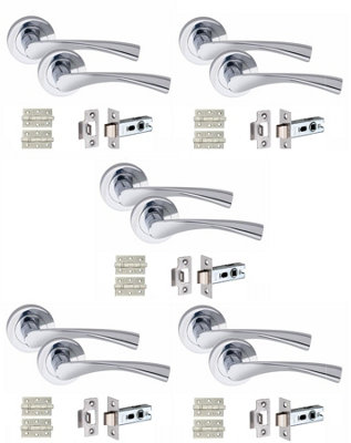 5 Set Astrid Door Handles Set Ball Bearing Hinges and Latches Polished Chrome Finish