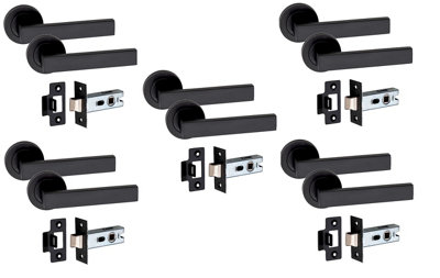 5 Set Delta Design Door Handle On Round Rose Latch Door Handles with 2.5" Tubular Latch Matt Black Finish - GG