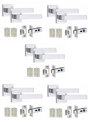 5 Set Delta Design Door HandlesInternal Sets With Latch and BB HInges Square Rose Polished Chrome Finish
