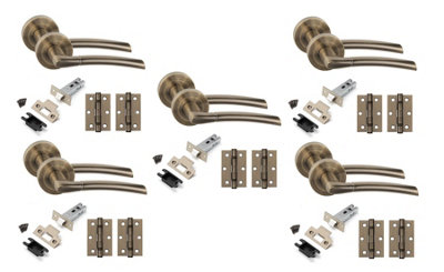 5 Set Indiana Design Door Handles Set Ball Bearing Hinges and Latches Antique Brass Finish