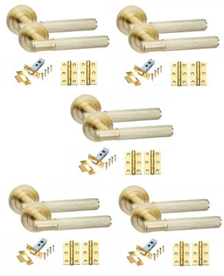 5 Set Knurled T-Bar Door Handles with Latch and Hinges Satin Brass Finish