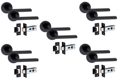 5 Set Leon Design Door Handle On Round Rose Latch Door Handles with 2.5" Tubular Latch Matt Black Finish - GG